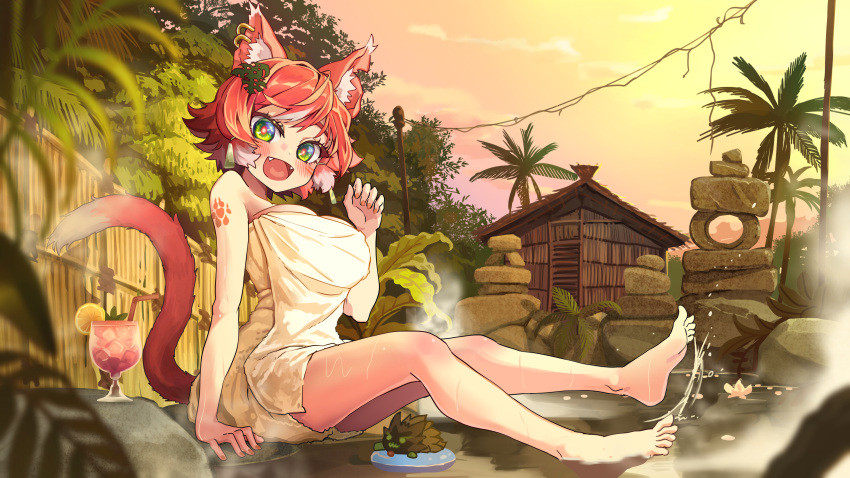 1girl :d absurdres animal_ear_fluff animal_ears barefoot cat_ears cat_girl cat_tail commentary_request commission cup drinking_glass drinking_straw ear_piercing fangs feet fence green_eyes highres legs looking_at_viewer melaton naked_towel onsen open_mouth original outdoors palm_tree piercing red_hair red_pupils short_hair shoulder_tattoo sitting skeb_commission smile solo splashing tail tattoo towel tree water