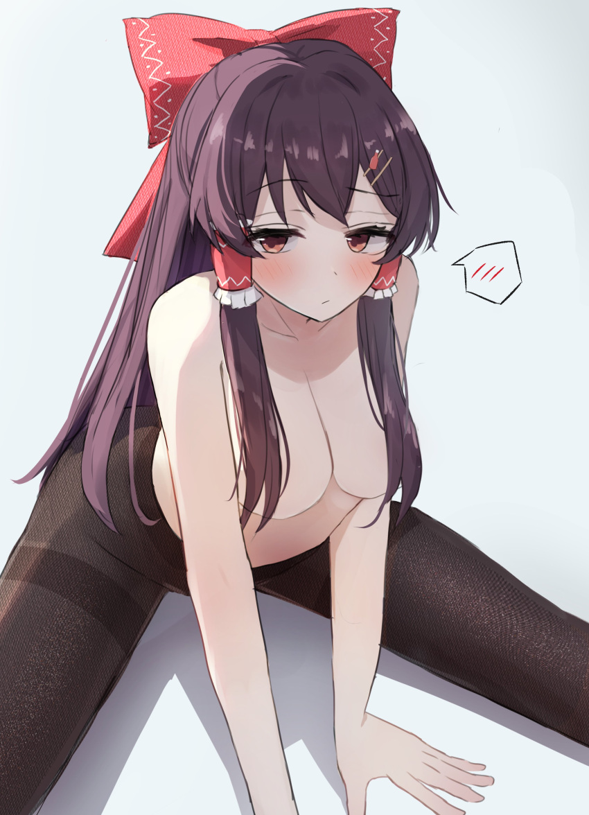 1girl absurdres blush bow breasts brown_hair cleavage collarbone expressionless hair_bow hair_censor hair_ornament hair_tubes hairpin hakurei_reimu half-closed_eyes hands_on_ground highres long_hair medium_breasts pants raised_eyebrow red_bow red_eyes simple_background sitting solo spoken_blush spread_legs stretching takku_(t_oekakidaisuki) topless touhou white_background yoga_pants