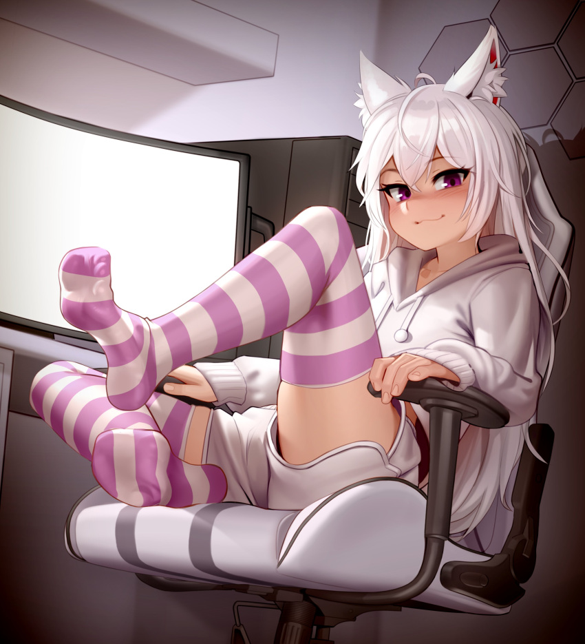 absurd_res animal_humanoid blush chair clothed clothing computer computer_monitor feet footwear furniture hair hi_res humanoid kairunoburogu looking_at_viewer on_chair purple_eyes sitting sitting_on_chair smile smiling_at_viewer socks white_hair