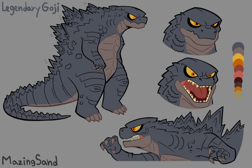 2023 color_swatch dorsal_fins feral godzilla godzilla_(2014) godzilla_(series) grey_body grey_scales hi_res kaiju looking_at_viewer male mazingsand model_sheet open_mouth orange_eyes scales scalie sharp_teeth solo teeth toho yellow_sclera