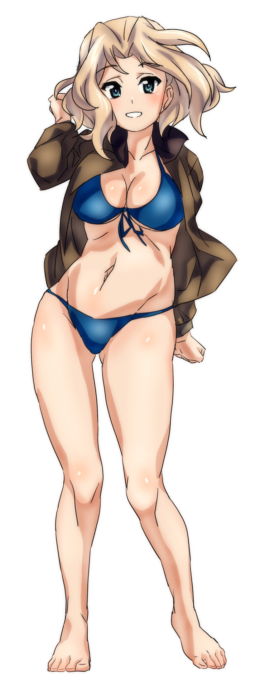 1girl 9s0ykoyama117 absurdres bikini blonde_hair blue_bikini blue_eyes breasts girls_und_panzer highres jacket kay_(girls_und_panzer) looking_at_viewer medium_breasts open_clothes open_jacket solo swimsuit