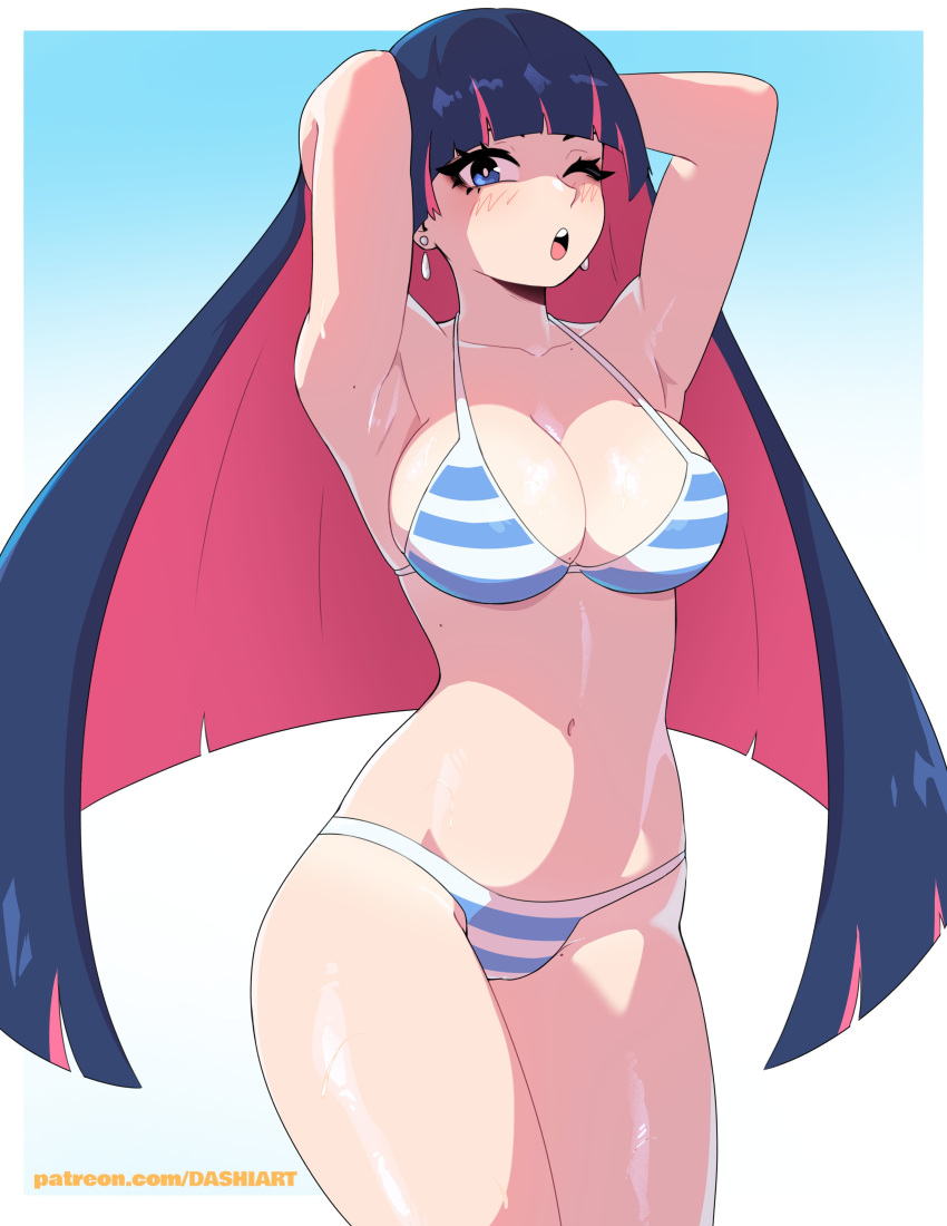 1girl absurdres armpits arms_behind_head bare_shoulders bikini blue_bikini blue_eyes blue_hair blunt_bangs blush breasts cleavage collarbone colored_inner_hair dashi earrings highres jewelry large_breasts long_hair looking_at_viewer multicolored_hair navel one_eye_closed open_mouth panty_&amp;_stocking_with_garterbelt patreon_username pink_hair solo stocking_(psg) stomach striped swimsuit two-tone_hair two-tone_swimsuit white_bikini