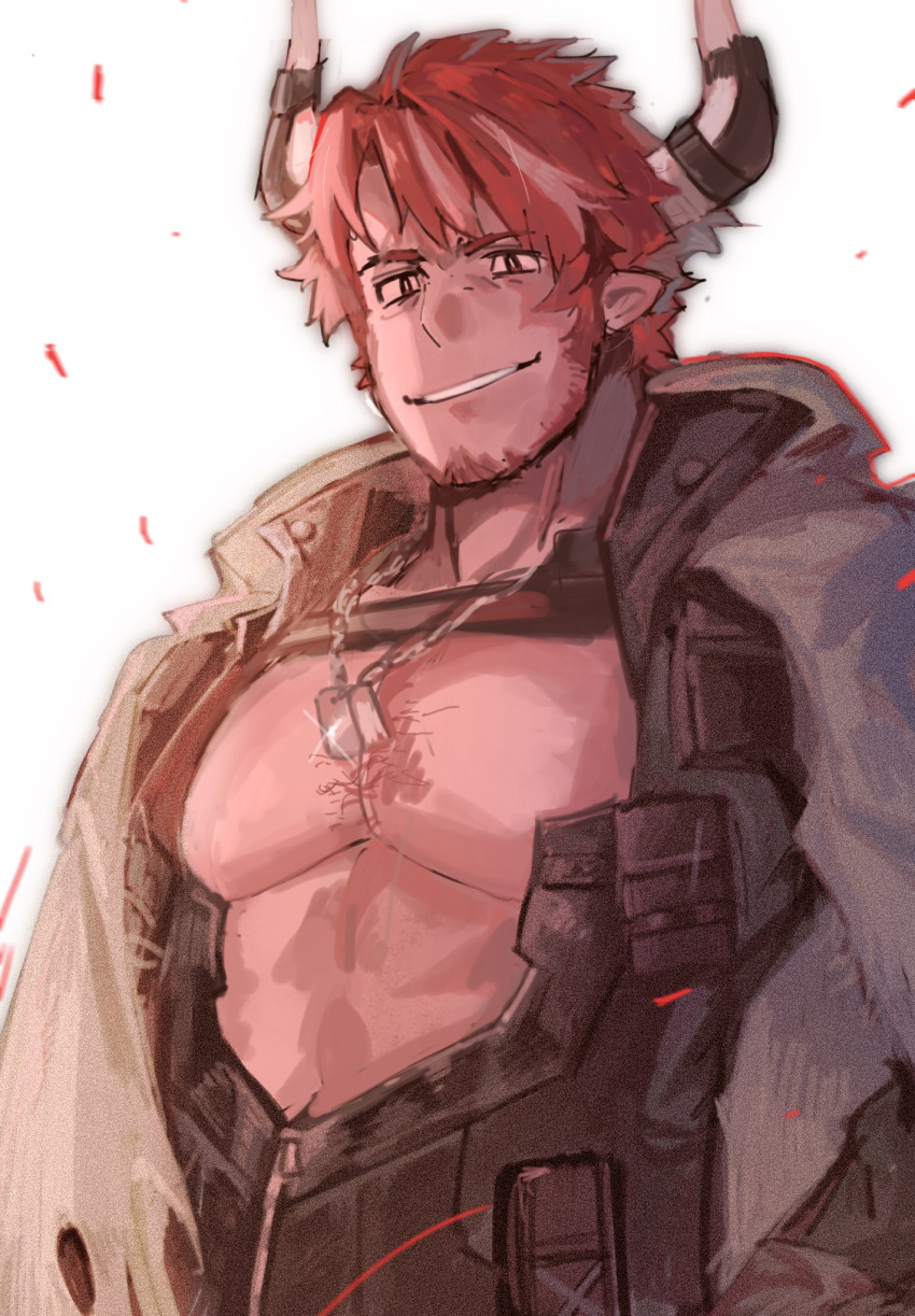 1boy animal_ears arknights artist_request bara bare_pectorals beard chest_hair cow_boy cow_ears cow_horns dog_tags facial_hair highres horns humus_(arknights) large_pectorals looking_ahead male_focus mature_male multicolored_hair muscular muscular_male outline pectorals red_hair red_outline short_hair smile solo streaked_hair thick_eyebrows upper_body