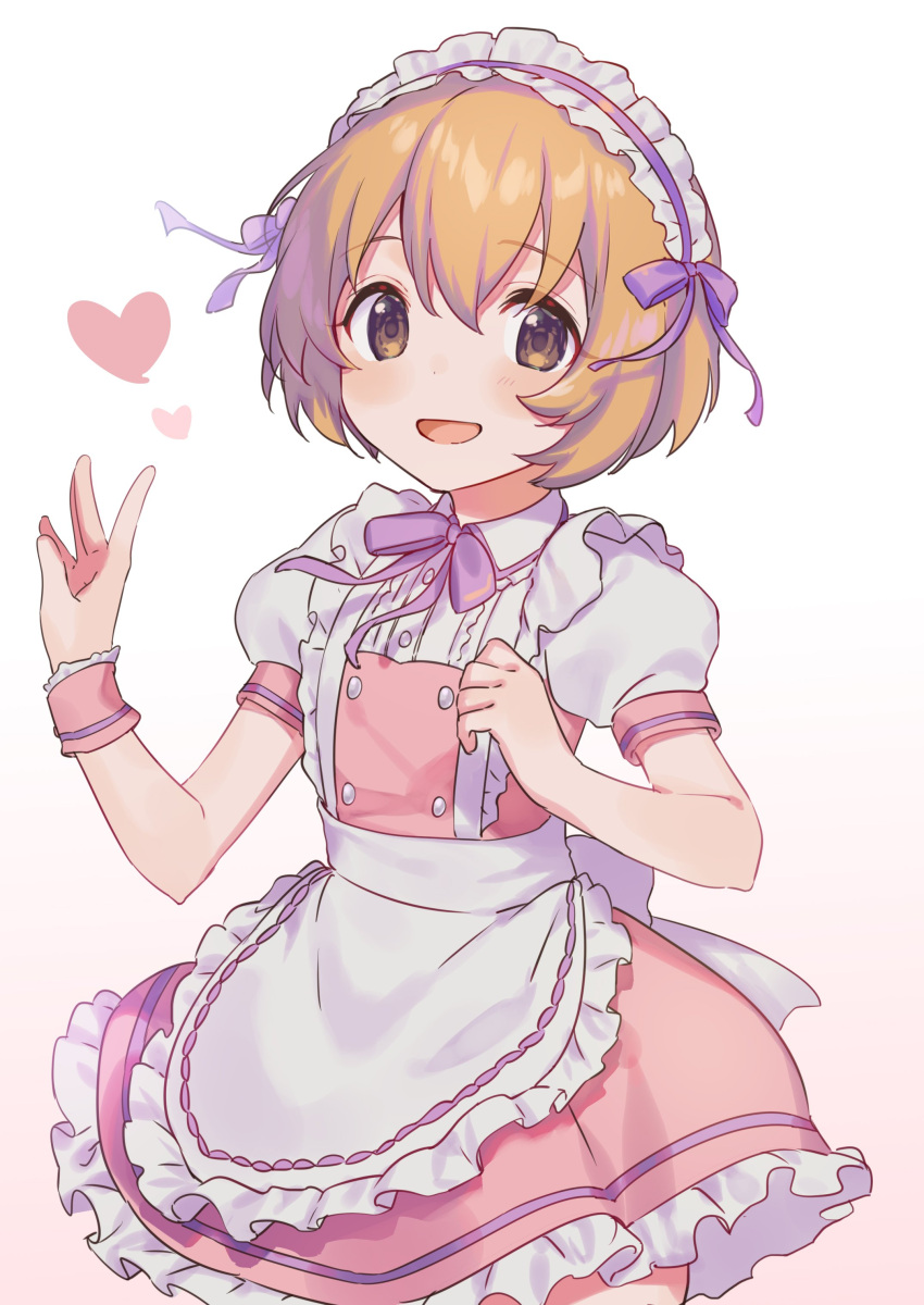 1girl absurdres apron blush brown_eyes brown_hair dot_nose dress frilled_apron frilled_dress frills headdress heart highres idolmaster idolmaster_cinderella_girls idolmaster_cinderella_girls_u149 koga_koharu looking_at_viewer open_mouth pink_dress purple_ribbon ribbon scrunchie short_hair short_sleeves simple_background smile solo white_apron white_background yumesaki_nana