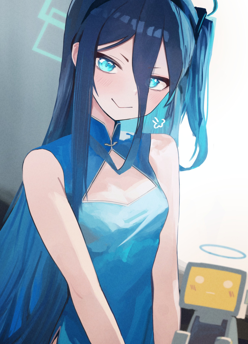 &lt;key&gt;_(robot)_(blue_archive) 1girl absurdres aris_(blue_archive) blue_archive blue_dress blue_eyes blue_hair blush breasts china_dress chinese_clothes cleavage_cutout clothing_cutout dio_nand doyagao dress hair_between_eyes halo highres long_bangs long_hair looking_at_viewer one_side_up sleeveless sleeveless_dress small_breasts smile smug