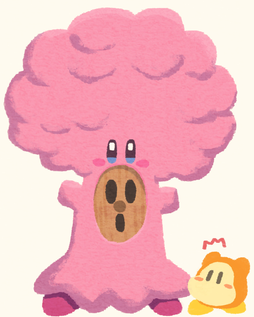 ^^^ blue_eyes blush_stickers highres kirby kirby_(series) kirby_and_the_forgotten_land looking_at_viewer miclot mouthful_mode open_mouth pink_footwear shoes simple_background surprised tree waddle_dee whispy_woods white_background yellow_footwear