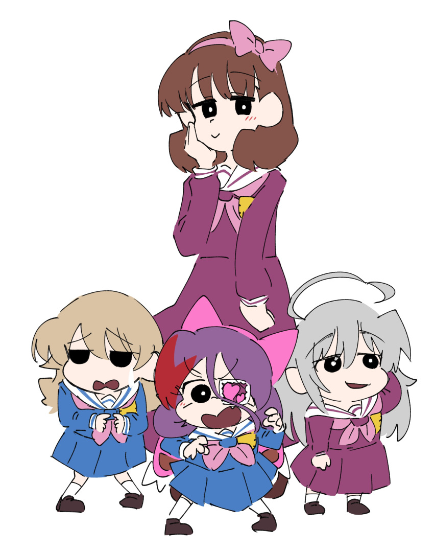 4girls absurdres ahoge alienalienp arm_behind_head blue_serafuku blush brown_hair chibi crayon_shin-chan eyepatch fang full_body grey_hair hair_between_eyes hand_on_own_cheek hand_on_own_face hayasaka_mirei highres hoshi_syoko idolmaster idolmaster_cinderella_girls index_fingers_together jitome kneehighs light_brown_hair looking_at_viewer morikubo_nono multicolored_hair multiple_girls parody purple_hair red_hair sakuma_mayu school_uniform serafuku simple_background socks streaked_hair style_parody sweatdrop white_background white_socks