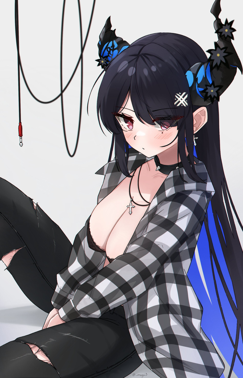 1girl absurdres alternate_costume asymmetrical_horns black_hair black_pants blush breasts broken_horn cable cleavage collar colored_inner_hair demon_horns feet_out_of_frame flannel hair_over_one_eye highres hololive hololive_english horns knee_up large_breasts long_hair looking_at_viewer magui3 mole mole_under_eye multicolored_hair nerissa_ravencroft pants red_eyes rosary sitting spiked_collar spikes torn_clothes torn_pants very_long_hair virtual_youtuber