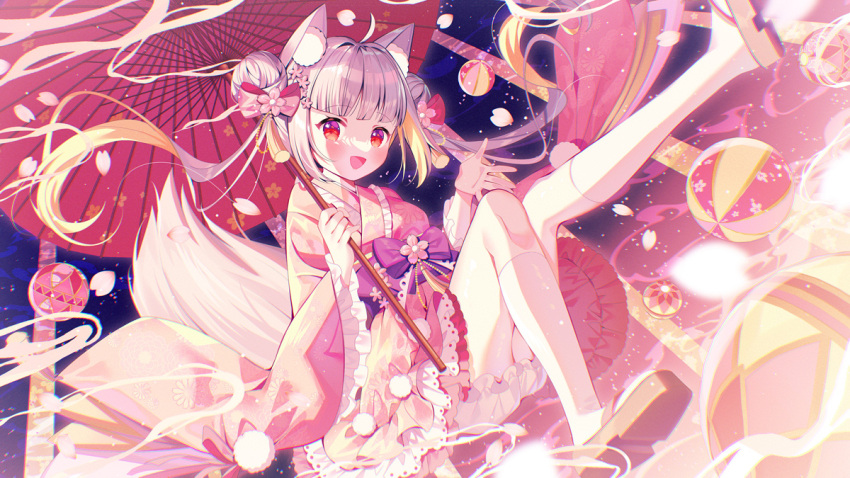 1girl :d animal_ear_fluff animal_ears bloomers bow brown_footwear copyright_request flower fox_ears fox_girl fox_tail frilled_sleeves frills grey_hair hair_bow hair_flower hair_ornament holding holding_umbrella ikari_(aor3507) japanese_clothes kimono kneehighs long_hair long_sleeves looking_at_viewer multicolored_hair obi oil-paper_umbrella orange_hair pink_bow pink_flower pink_kimono purple_bow red_umbrella sash shoe_soles smile socks solo tail twintails two-tone_hair umbrella underwear very_long_hair virtual_youtuber white_bloomers white_socks wide_sleeves zouri
