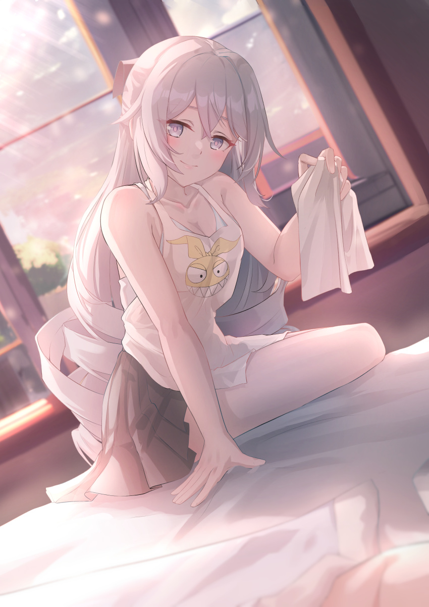 1girl absurdres bare_shoulders black_skirt blush bronya_zaychik bronya_zaychik_(silverwing:_n-ex) caisena casual drill_hair grey_eyes grey_hair head_tilt highres holding_cloth homu_(honkai_impact) honkai_(series) honkai_impact_3rd long_hair on_bed pleated_skirt skirt solo tank_top window