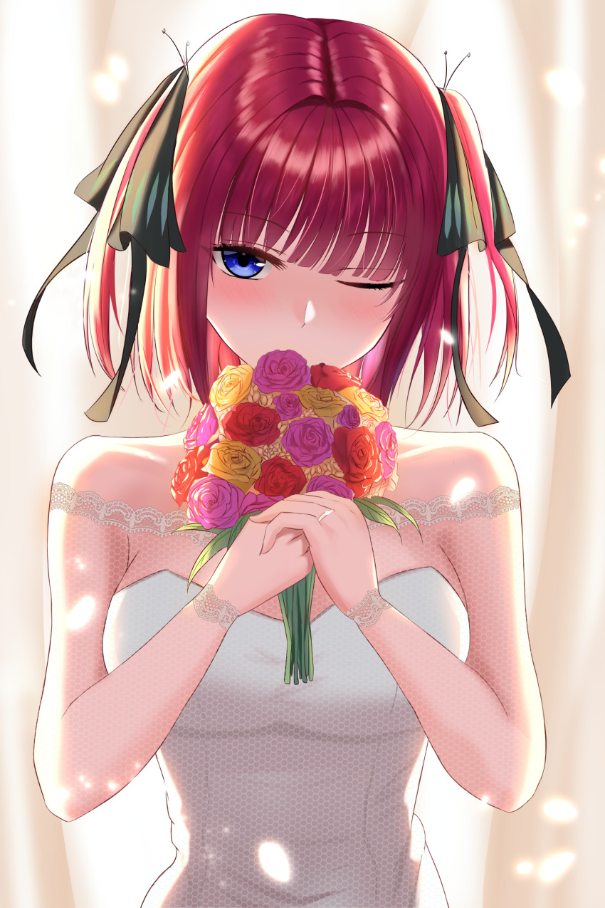 1girl absurdres alternate_costume backlighting bare_shoulders black_ribbon blue_eyes blunt_bangs blush bouquet breasts butterfly_hair_ornament commentary covering_mouth dress eyelashes falling_petals flower go-toubun_no_hanayome hair_ornament hair_ribbon hands_up highres holding holding_bouquet jewelry kukeylove large_breasts looking_at_viewer medium_hair nakano_nino one_eye_closed petals pink_flower pink_rose red_flower red_hair red_rose ribbon ring rose shy simple_background solo straight_hair strapless strapless_dress two_side_up upper_body wedding_dress wedding_ring white_background white_dress yellow_flower yellow_rose