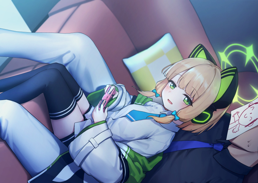 1boy 1girl absurdres animal_ear_headphones animal_ears arona's_sensei_doodle_(blue_archive) black_thighhighs blonde_hair blue_archive blue_bow blue_necktie blush bow collared_shirt controller couch fake_animal_ears game_controller green_eyes green_halo hair_bow halo headphones highres holding holding_controller holding_game_controller indoors jacket long_sleeves looking_at_viewer midori_(blue_archive) miramu_(ramu450471) necktie open_mouth pants playing_games sensei_(blue_archive) shirt short_hair sitting sitting_between_lap smile thighhighs white_jacket white_pants white_shirt wide_sleeves