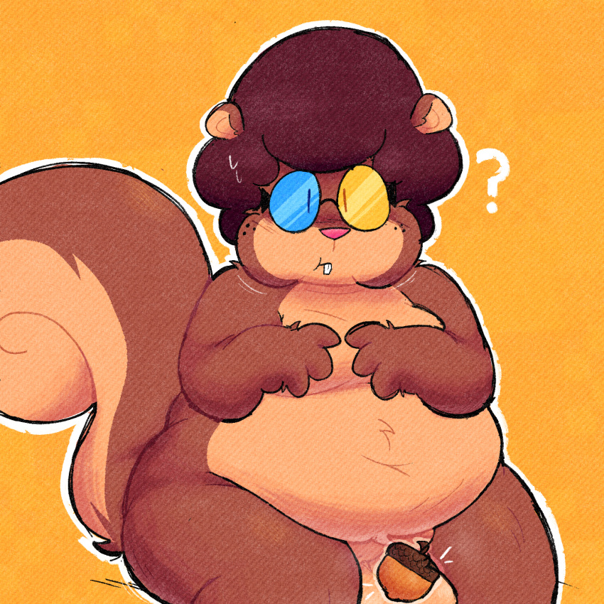 acorn anthro balls censored eyewear food frapp&eacute; fruit genitals glasses hi_res invalid_tag looking_at_viewer male mammal nut_(fruit) overweight plant question_mark rodent sciurid short_stack sitting solo thick_thighs tree_squirrel