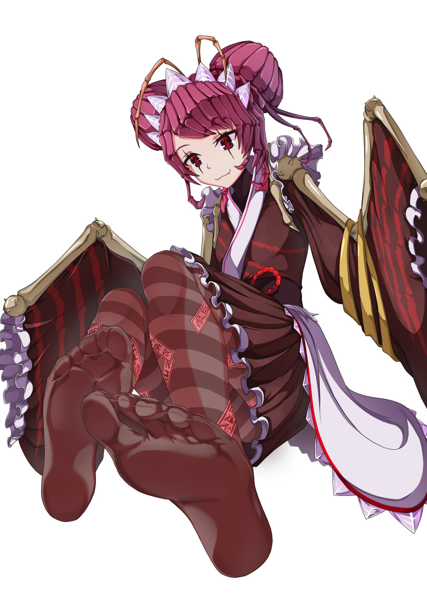 1girl absurdres antennae apron arthropod_girl brown_kimono closed_mouth double_bun entoma_vasilissa_zeta extra_pupils fangs feet foot_focus full_body hair_bun highres indy_k japanese_clothes kimono maid maid_headdress monster_girl no_shoes ofuda ofuda_on_clothes overlord_(maruyama) pantyhose purple_hair red_eyes short_hair simple_background sitting skin_fangs sleeves_past_wrists smile soles solo source_request steaming_body striped striped_pantyhose third-party_source toenails toes variant_set white_apron white_background wide_sleeves
