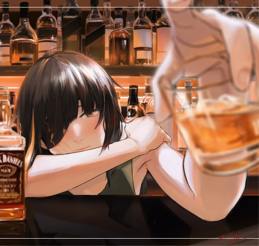 1girl alcohol ashiran bar_(place) black_hair blurry blurry_foreground blush closed_mouth commentary dated eyepatch foreshortening girls'_frontline green_tank_top highres indoors jack_daniel's light_particles long_hair looking_at_viewer m16a1_(girls'_frontline) multicolored_hair one_eye_covered orange_eyes orange_hair reaching reaching_towards_viewer scar scar_on_face signature solo streaked_hair tank_top upper_body whiskey