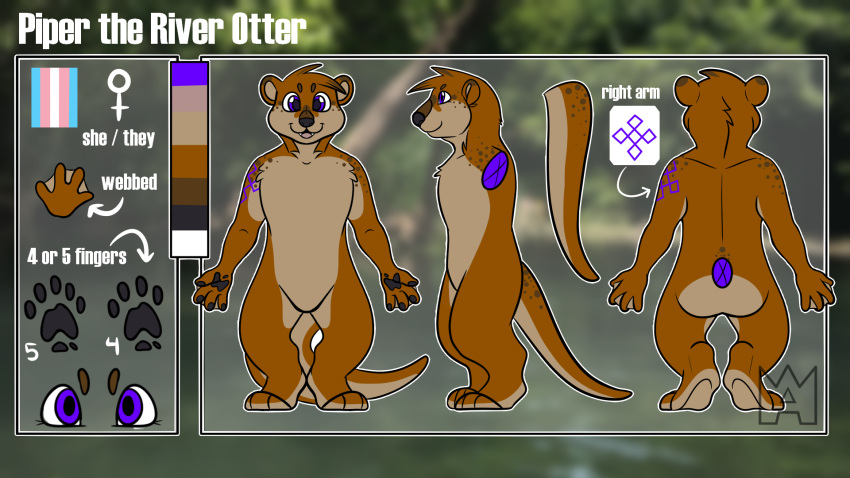 anthro arm_tattoo aroura_borkialis_(artist) female hi_res lgbt_pride lontra mammal model_sheet mustelid north_american_river_otter otter paws piper_(piflnoso) pride_colors pronouns purple_eyes river_otter solo tattoo transgender_pride_colors