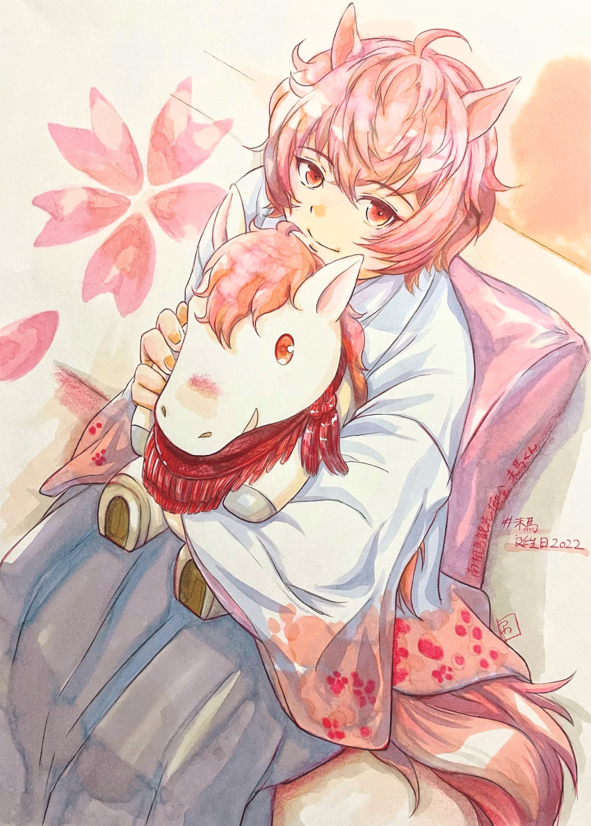 absurdres akawoumauma animal_ears dated hakama highres horse_ears japanese_clothes kimono looking_at_viewer mascot mima-kun pillow pink_eyes pink_hair short_hair sitting smile stuffed_horse wide_sleeves yuru-chara