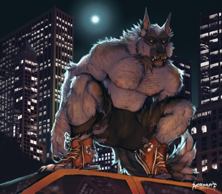 absurd_res acidwuff animal_humanoid anthro black_body black_fur body_hair bottomwear bulge canid canid_humanoid canine canine_humanoid canis chest_hair claws clothed clothing commercial_vehicle crouching detailed_background digital_media_(artwork) digitigrade fangs feet footwear fur grey_body grey_fur hi_res humanoid looking_at_viewer male mammal mammal_humanoid moon multicolored_body multicolored_fur muscular muscular_anthro muscular_male night nipples outside pants pecs public_transportation shoes sky sneakers solo tail taxicab teeth text torn_bottomwear torn_clothing torn_pants torn_shoes torn_sneakers vehicle vehicle_for_hire were werecanid werecanine werewolf wolf