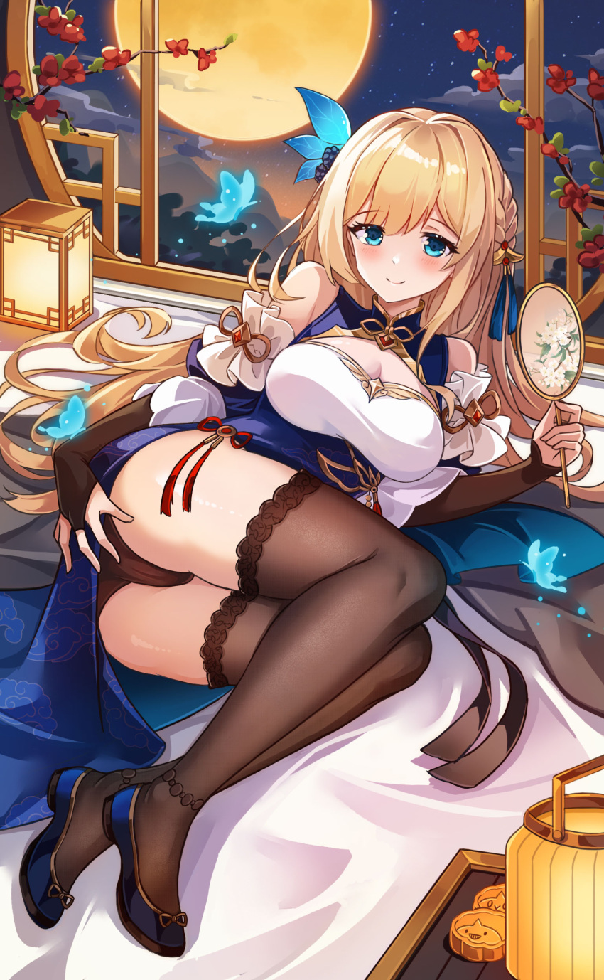 1girl absurdres ass black_gloves black_panties black_thighhighs blonde_hair blue_eyes blue_footwear breasts bridal_gauntlets china_dress chinese_clothes cleavage cleavage_cutout clothing_cutout dress elbow_gloves full_moon gloves hair_ornament highres ice_laozei large_breasts long_hair looking_at_viewer lying moon on_side panties saratoga_(warship_girls_r) shoes smile solo thighhighs underwear very_long_hair warship_girls_r