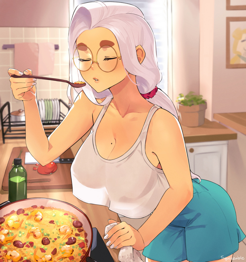 1girl backlighting blue_shorts breasts cleavage closed_eyes commentary cooking crop_top crop_top_overhang english_commentary food frying_pan hair_ornament hair_scrunchie highres holding holding_ladle june_(squeezable) kitchen ladle large_breasts leaning_forward long_hair mole mole_on_breast mole_under_eye no_bra original paid_reward_available round_eyewear scrunchie shorts solo squeezable_(artist) tasting thick_eyebrows white_hair