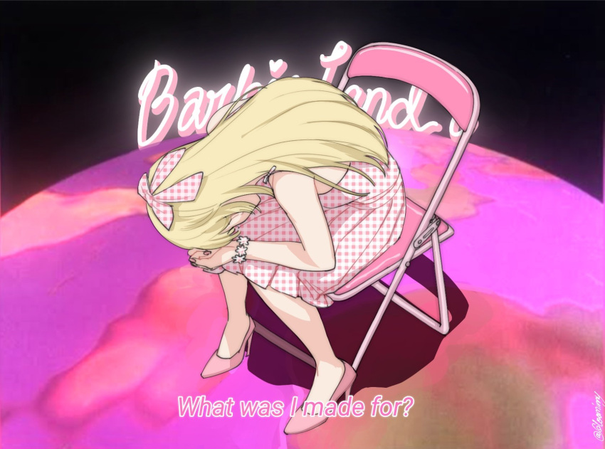 1girl barbie_(character) barbie_(franchise) barbie_(live_action) black_background blonde_hair chair depressed dress highres kamii_(gloominny) meme neon_genesis_evangelion pink_dress pink_footwear sad shinji_in_a_chair_(meme) sitting solo