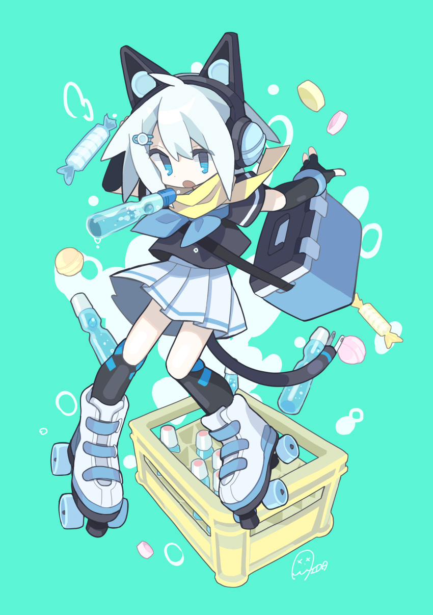 1girl absurdres ahoge aida_(aidia) air_bubble animal_ear_headphones animal_ears aqua_background arms_up black_gloves black_shirt blue_eyes blue_neckerchief blue_wristband bottle bubble cable cable_tail candy cat_ear_headphones cooler crate elbow_gloves fake_animal_ears fingerless_gloves floating food full_body gloves grey_hair hair_ornament hairclip headphones highres lollipop looking_at_viewer mechanical_tail neckerchief open_mouth original pleated_skirt ramune roller_skates scarf shirt short_hair short_sleeves signature skates skirt solo tail white_skirt yellow_scarf