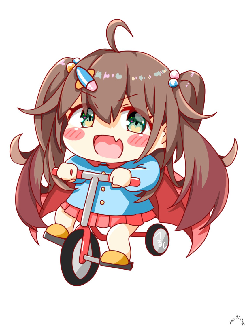 1girl blush brown_hair cape chibi dasono777 fang green_eyes hair_ornament hanamori_healthy happy highres long_sleeves open_mouth pill_hair_ornament pleated_skirt red_cape riding_tricycle skin_fang skirt smile sweater tricycle twintails