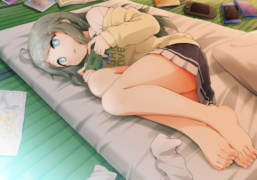 1girl ahoge bangs bare_legs barefoot blue_eyes blue_ribbon chips_(food) commentary_request commission controller english_text eyelashes feet food foreshortening full_body game_controller green_hair hair_ornament handheld_game_console hands_up holding indoors inohara_koboshi kagiana knees_up legs legs_together long_hair looking_to_the_side lying miniskirt neck_ribbon off_shoulder on_side ongeki open_mouth pleated_skirt potato_chips ribbon shadow shirt sidelocks skeb_commission skirt socks socks_removed solo swept_bangs tan_sweater thighs toenails toes white_shirt white_socks