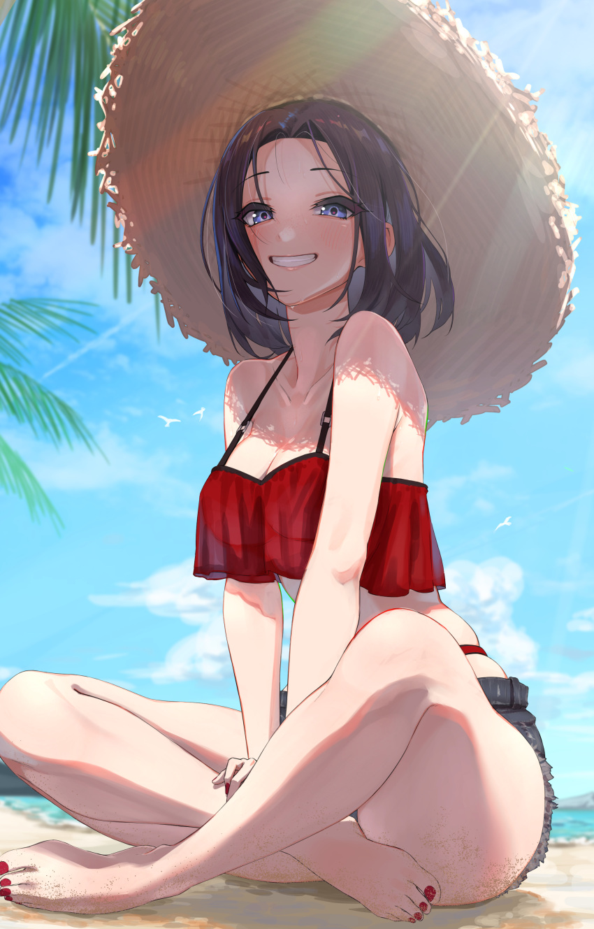 1girl absurdres bare_legs barefoot bikini bikini_under_clothes black_hair blush breasts commission forehead grin hat highres indian_style kaiso_(kaisooekaki) looking_at_viewer medium_breasts medium_hair nail_polish original outdoors palm_leaf red_bikini sand_on_skin sitting skeb_commission smile solo straw_hat swimsuit toenail_polish toenails