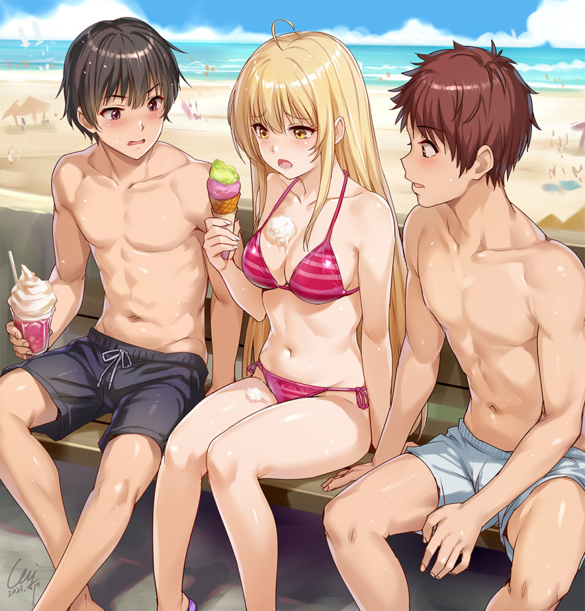 1girl 2boys akazawa_itsuki beach bench bikini black_hair black_male_swimwear blonde_hair blue_sky blush breasts brown_hair cleavage cloud collarbone commission cup day food food_on_body food_on_breasts fujimiya_amane highres holding holding_cup holding_food ice_cream ice_cream_cone ice_cream_cone_spill looking_at_another looking_to_the_side male_swimwear medium_breasts menyoujan multiple_boys navel ocean open_mouth otonari_no_tenshi-sama_ni_itsu_no_mani_ka_dame_ningen_ni_sarete_ita_ken outdoors pink_bikini pixiv_commission purple_eyes shiina_mahiru_(otonari_no_tenshi-sama) short_hair sitting sky striped striped_bikini swim_trunks swimsuit topless_male triple_scoop white_male_swimwear yellow_eyes