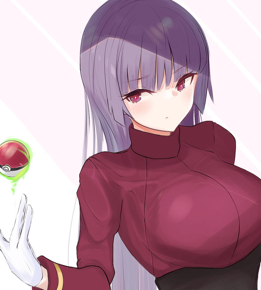 1girl blue_hair blunt_bangs blunt_ends breasts cropped_jacket dark_blue_hair gloves highres jacket large_breasts long_hair long_sleeves pokemon pokemon_(game) pokemon_frlg red_eyes red_jacket sabrina_(pokemon) satsuma_7 solo telekinesis turtleneck turtleneck_jacket white_background white_gloves