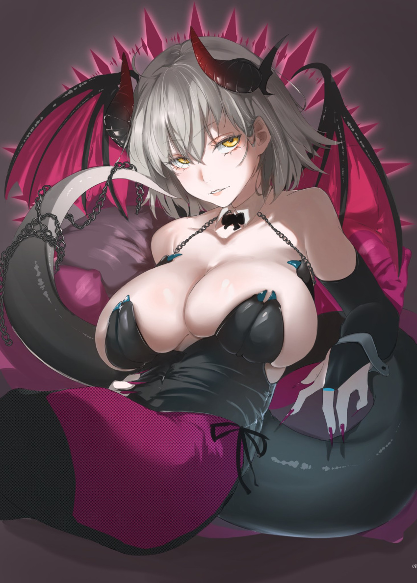 1girl ahoge alternate_breast_size alternate_costume bare_shoulders black_gloves black_leotard breasts bridal_gauntlets chain cleavage collarbone commentary_request detached_collar dragon_girl dragon_horns dragon_tail dragon_wings elbow_gloves fate/grand_order fate_(series) fingernails fishnet_pantyhose fishnets gloves grey_hair hair_between_eyes highres horns huge_breasts jeanne_d'arc_alter_(fate) leotard looking_at_viewer pantyhose parted_lips pink_lips purple_nails purple_pantyhose ri_o_ne_su short_hair sitting solo strapless strapless_leotard tail wings yellow_eyes