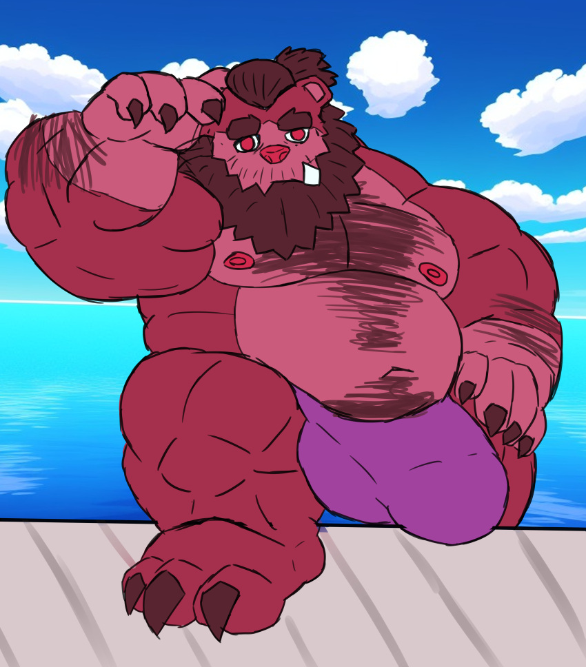 absurd_res amideo animal_humanoid anthro balls barazoku bear beard belly biceps big_balls big_muscles big_penis body_hair bottomwear brown_bear bulge chest_hair chest_tuft clothed clothing crouching digital_media_(artwork) erection facial_hair flexing fluffy full-length_portrait fur genitals grizzly_bear hair hairy hi_res himbo huge_balls huge_penis humanoid hyper hyper_balls hyper_genitalia hyper_penis looking_at_viewer male mammal manly mature_male moobs musclegut muscular muscular_anthro muscular_male muscular_thighs nipples obese overweight paws pecs penis pool portrait red_body red_eyes slightly_chubby smile solo standing teeth tuft tusks underwear ursine