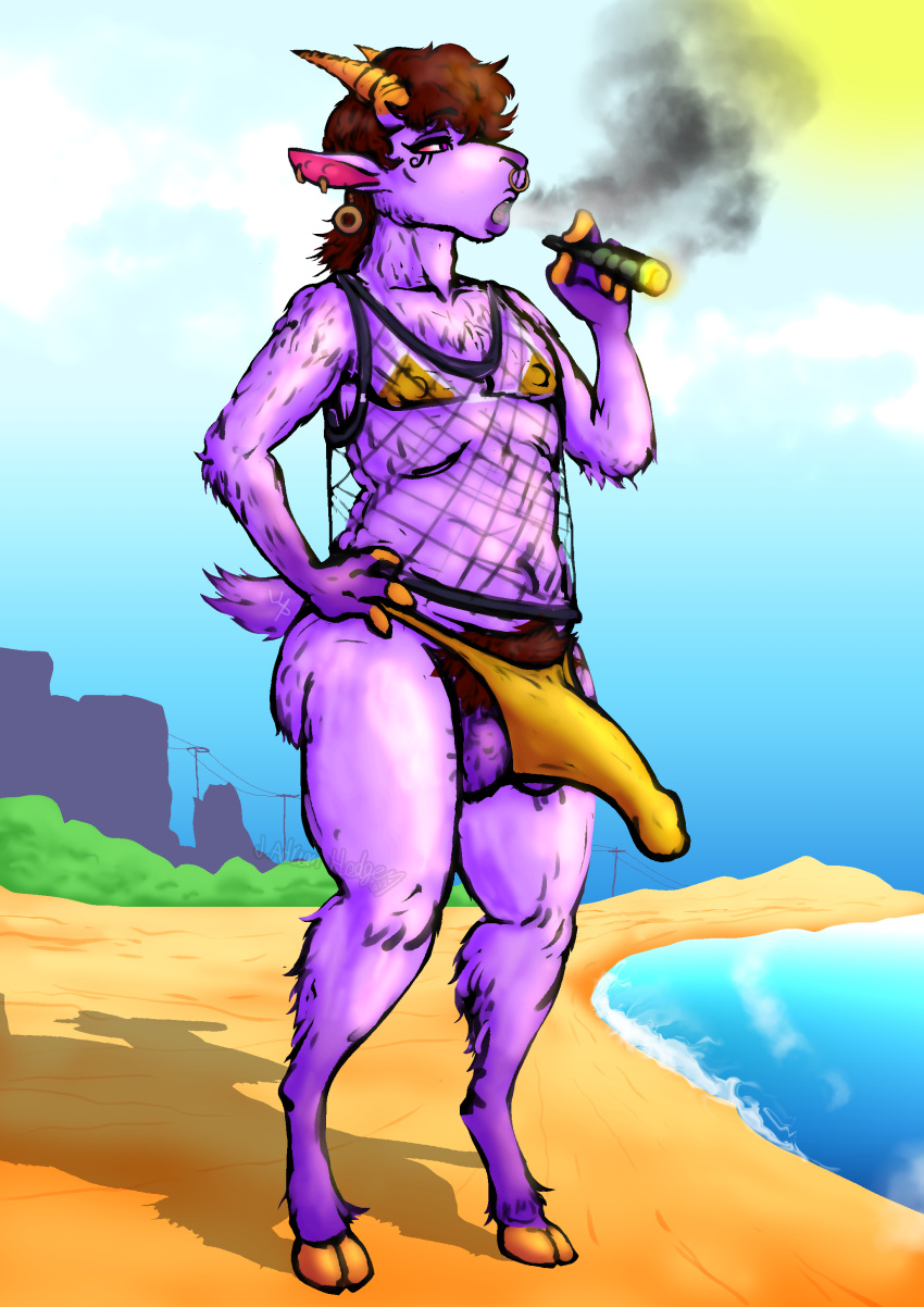 2023 2_horns absurd_res anthro balls beach big_balls big_penis bikini body_hair bottomless bovid brown_hair brunkdutt bulge caprine cigarette clothed clothing cloud colored crossdressing detailed detailed_background detailed_bulge digital_drawing_(artwork) digital_media_(artwork) digitigrade drugs ear_piercing ear_ring erect_nipples erection eye_tattoo facial_piercing facial_tattoo fingers fishnet fishnet_clothing fishnet_shirt fishnet_topwear fur genitals girly goat hair hairy hairy_balls half-erect hand_on_hip hi_res hooved_fingers hooves horn huge_penis humanoid_genitalia humanoid_penis kidden_eksis lips male mammal marijuana mullet navel nipples nose_piercing nose_ring nude open_mouth outside partially_clothed pendulum penis piercing pompadour power_lines pubes public public_nudity purple_body purple_fur purple_hair purple_skin red_eyes ring_piercing sand sea seaside shaded skimpy skimpy_bikini sky smoke smoking solo stoned substance_intoxication sun swimwear tattoo topwear water watermark wave wavy_hair wittless-pilgrim