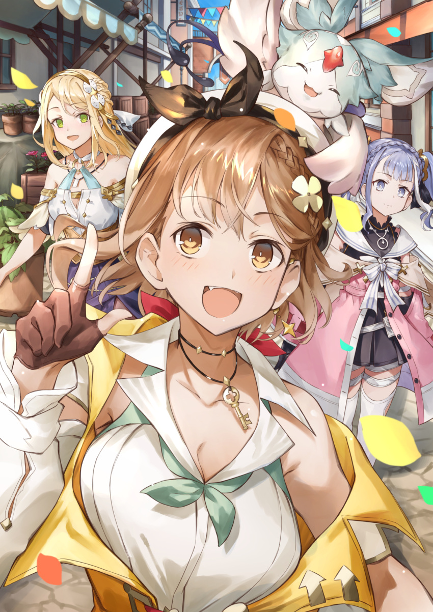 3girls :d atelier_(series) atelier_ryza atelier_ryza_2 beret black_dress black_hairband blonde_hair braid breasts brown_eyes brown_gloves brown_hair cleavage commentary_request crown_braid detached_sleeves dress falling_petals fi_(atelier) fingerless_gloves gloves hair_ornament hairband hairpin hand_up hat highres index_finger_raised jacket jewelry key_necklace klaudia_valentz large_breasts long_hair looking_at_another looking_to_the_side multiple_braids multiple_girls necklace off-shoulder_jacket off_shoulder outdoors patricia_abelheim petals pink_jacket purple_hair reisalin_stout shirt short_dress sleeveless sleeveless_jacket sleeveless_shirt smile thighhighs town twintails white_headwear white_shirt white_sleeves white_thighhighs yellow_jacket yuniyuni