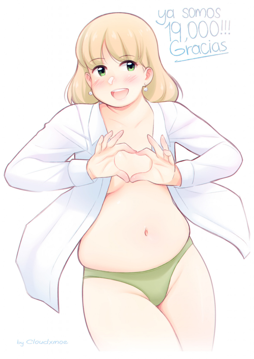 ! !! 1girl artist_name blonde_hair blush breasts character_request cloudxmoe collarbone commentary_request copyright_request cowboy_shot earrings green_eyes green_panties heart heart_hands highres jewelry long_sleeves looking_at_viewer medium_breasts medium_hair muffin_top navel no_pants open_clothes open_mouth open_shirt panties plump shirt simple_background smile solo spanish_commentary spanish_text teeth thick_thighs thighs translation_request underwear upper_teeth_only white_background white_shirt wing_collar