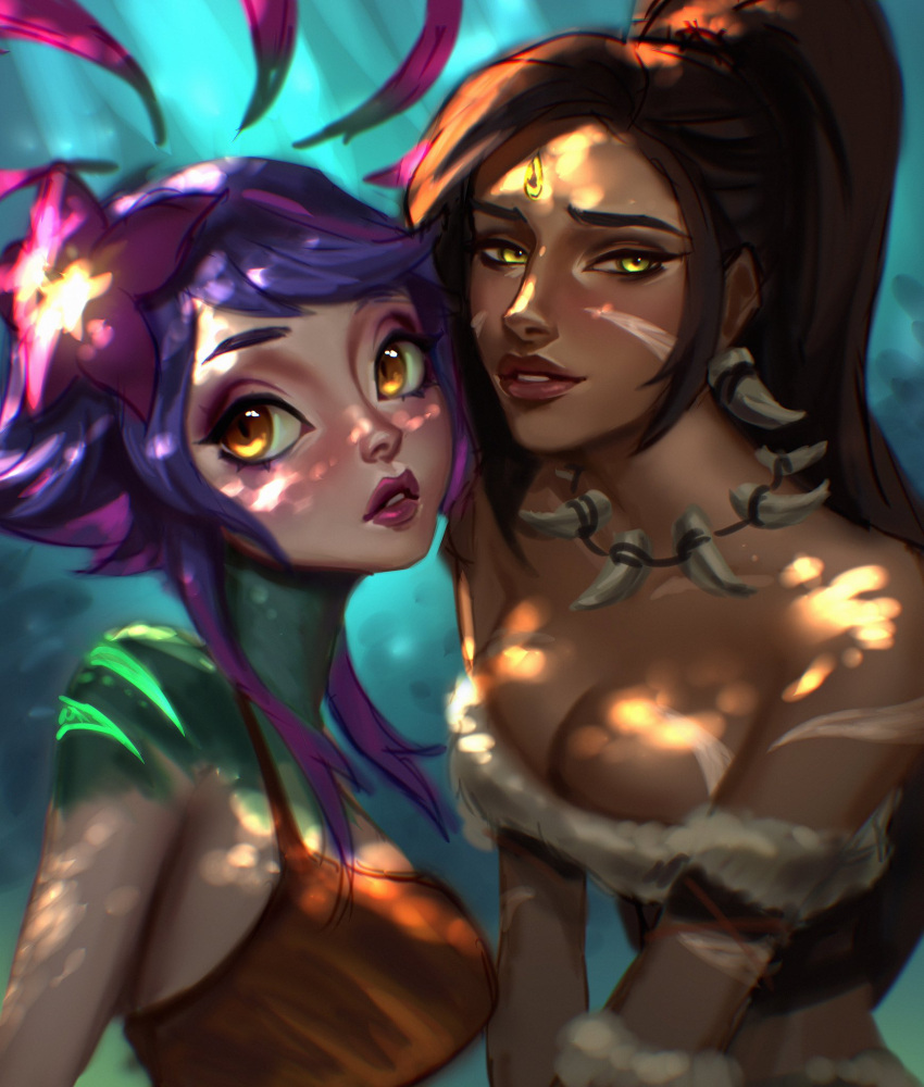 2girls bare_shoulders breasts brown_eyes brown_hair cleavage colored_skin crop_top dark-skinned_female dark_skin flower fur-trimmed_sleeves fur_trim green_background green_skin hair_flower hair_ornament highres jewelry large_breasts league_of_legends looking_at_viewer multiple_girls necklace neeko_(league_of_legends) nidalee orange_eyes orange_tank_top parted_lips pink_lips ponytail purple_flower purple_hair smile tank_top teeth tooth_necklace upper_body vatheja