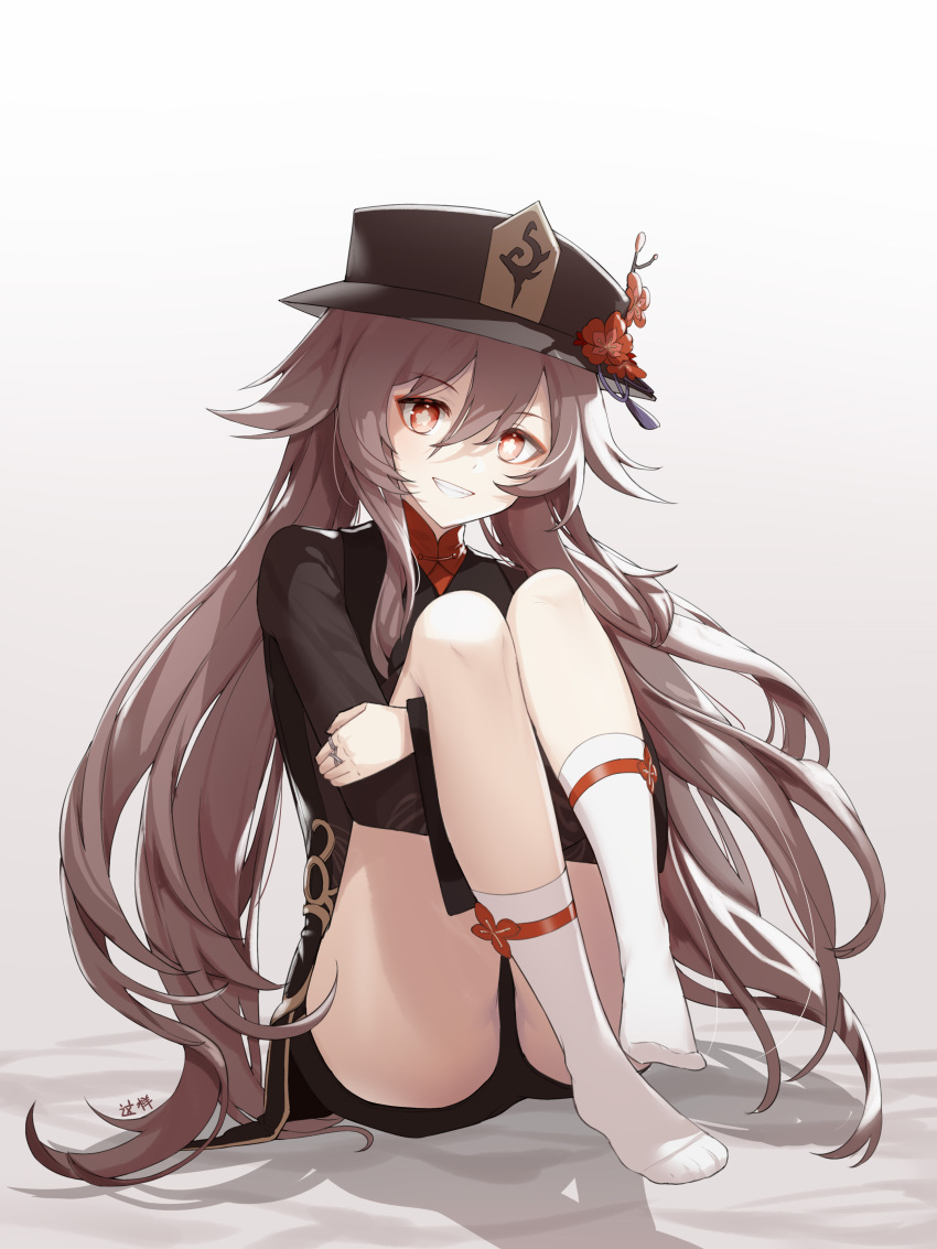 1girl :d absurdres black_shorts brown_hair chinese_clothes commentary eyeshadow flower genshin_impact grin hair_between_eyes hat hat_flower hat_ornament head_tilt highres hu_tao_(genshin_impact) hugging_own_legs jewelry kneehighs knees_to_chest knees_up long_hair long_sleeves looking_at_viewer makeup no_shoes porkpie_hat red_eyes red_eyeshadow ring short_shorts shorts sidelocks simple_background sitting smile socks soles solo symbol-shaped_pupils twintails white_background white_socks zx961219