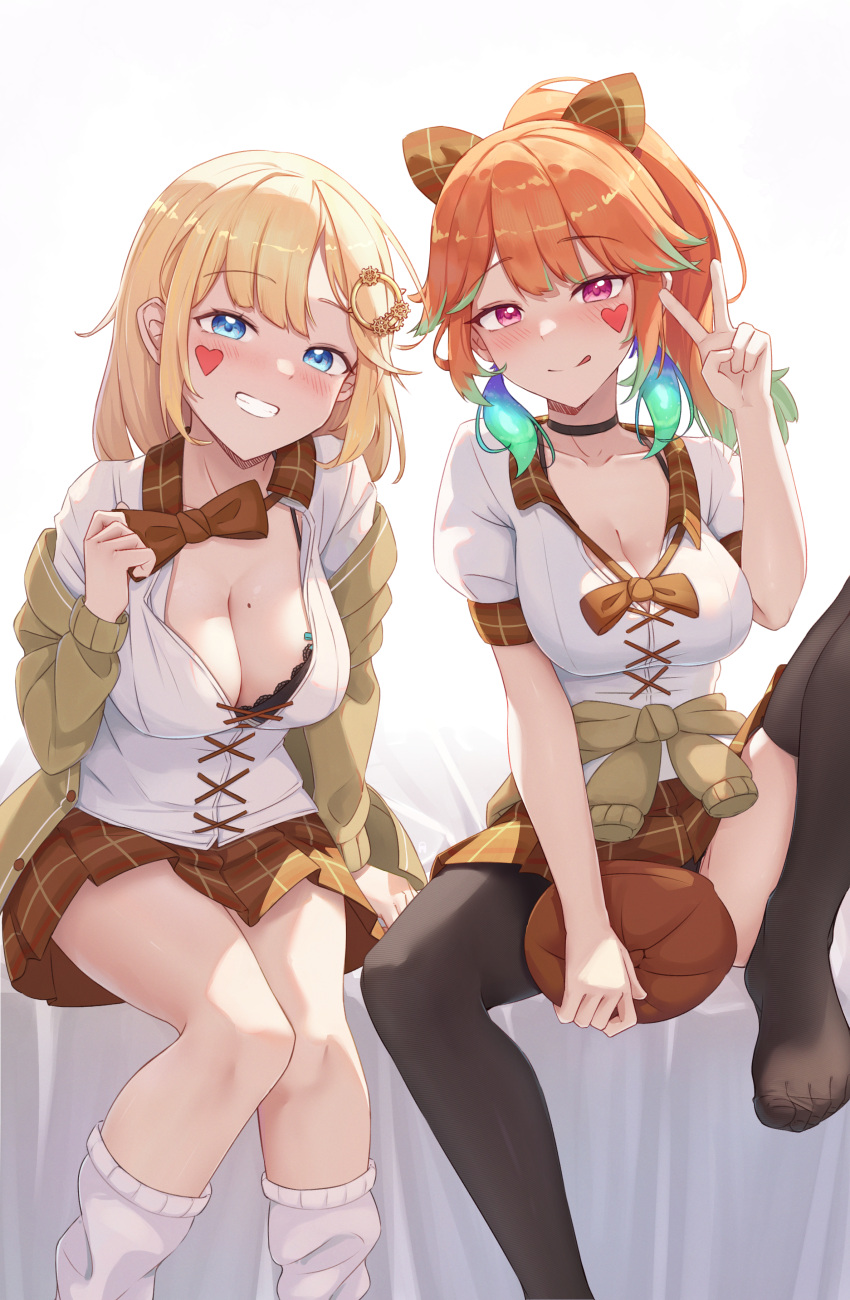 2girls absurdres blonde_hair blue_eyes blush breasts cleavage clothes_around_waist cross-laced_clothes earrings feather_earrings feathers gradient_hair green_hair hair_ornament hat highres hololive hololive_english jewelry large_breasts long_hair looking_at_viewer loose_kneehigh mole mole_on_breast monocle_hair_ornament multicolored_hair multiple_girls orange_hair pink_hair plaid plaid_skirt purple_eyes shironekokfp short_sleeves skirt smile sticker_on_face sweater sweater_around_waist takanashi_kiara thighhighs thighs virtual_youtuber watson_amelia