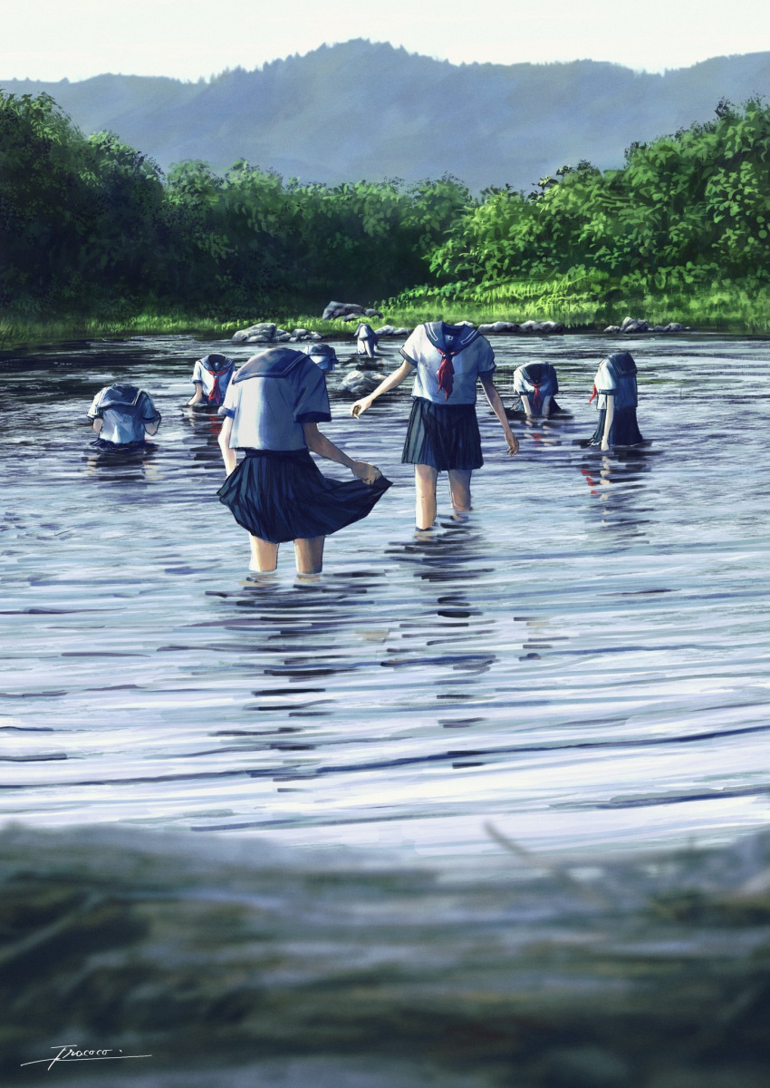 6+girls blue_sailor_collar blue_skirt blurry blurry_foreground commentary day forest fracoco headless highres multiple_girls nature neckerchief original outdoors partially_submerged plant playing pleated_skirt red_neckerchief sailor_collar school_uniform serafuku shirt short_sleeves skirt surreal tree wading water white_serafuku white_shirt