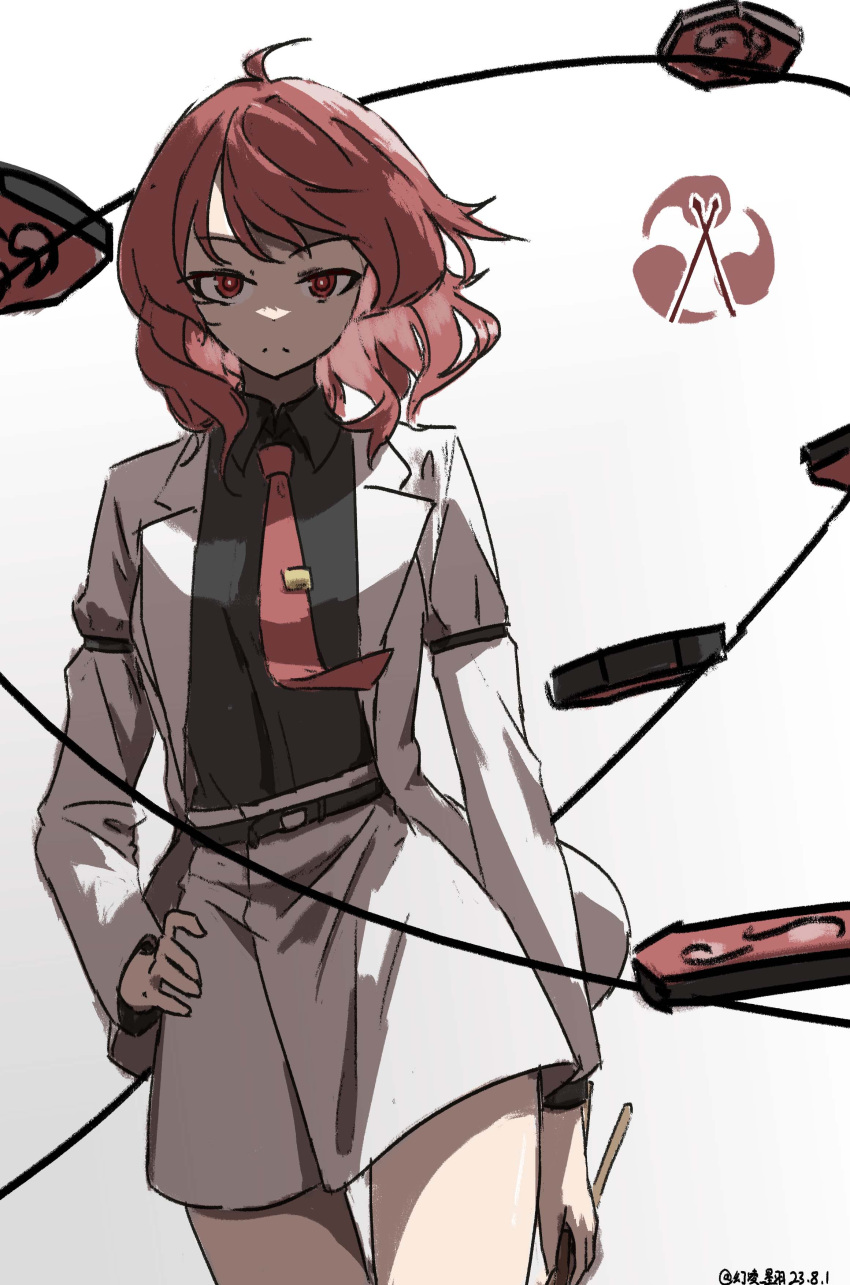 1girl absurdres ahoge black_shirt closed_mouth collared_shirt commentary_request drum drum_set hand_on_own_hip highres horikawa_raiko instrument jacket long_sleeves looking_at_viewer necktie one-hour_drawing_challenge red_eyes red_hair red_necktie shirt short_hair skirt solo touhou ve1024 white_background white_jacket white_skirt