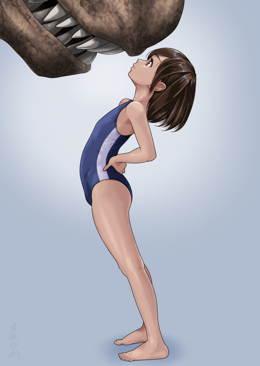 1girl arched_back barefoot blue_one-piece_swimsuit brown_eyes brown_hair commentary_request dinosaur eye_contact flat_chest full_body gradient_background grey_background highres looking_at_another one-piece_swimsuit original rohitsuka school_swimsuit short_hair single_vertical_stripe solo_focus striped striped_one-piece_swimsuit swimsuit vertical-striped_one-piece_swimsuit vertical_stripes