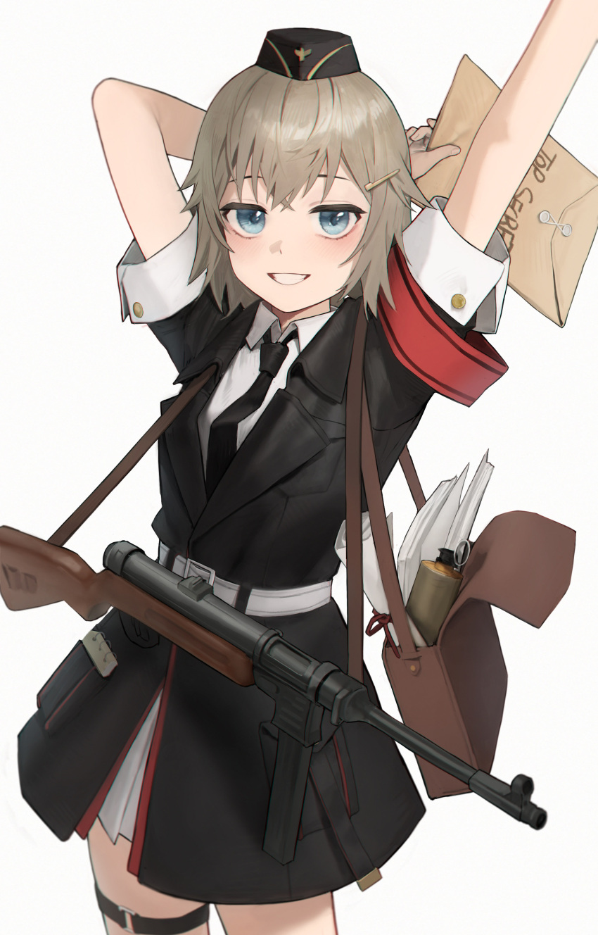 1girl absurdres arm_behind_head arm_up armband bag black_coat black_headwear black_necktie blonde_hair blue_eyes coat commission crossed_bangs english_text envelope garrison_cap girls'_frontline grin gun hair_ornament hairclip hat highres holding holding_envelope kir_(khw66136132) looking_at_viewer military military_hat military_uniform mp41 mp41_(girls'_frontline) necktie notepad paper pixiv_commission red_armband satchel shirt short_hair short_sleeves simple_background smile smoke_grenade solo thigh_strap uniform weapon white_background white_shirt