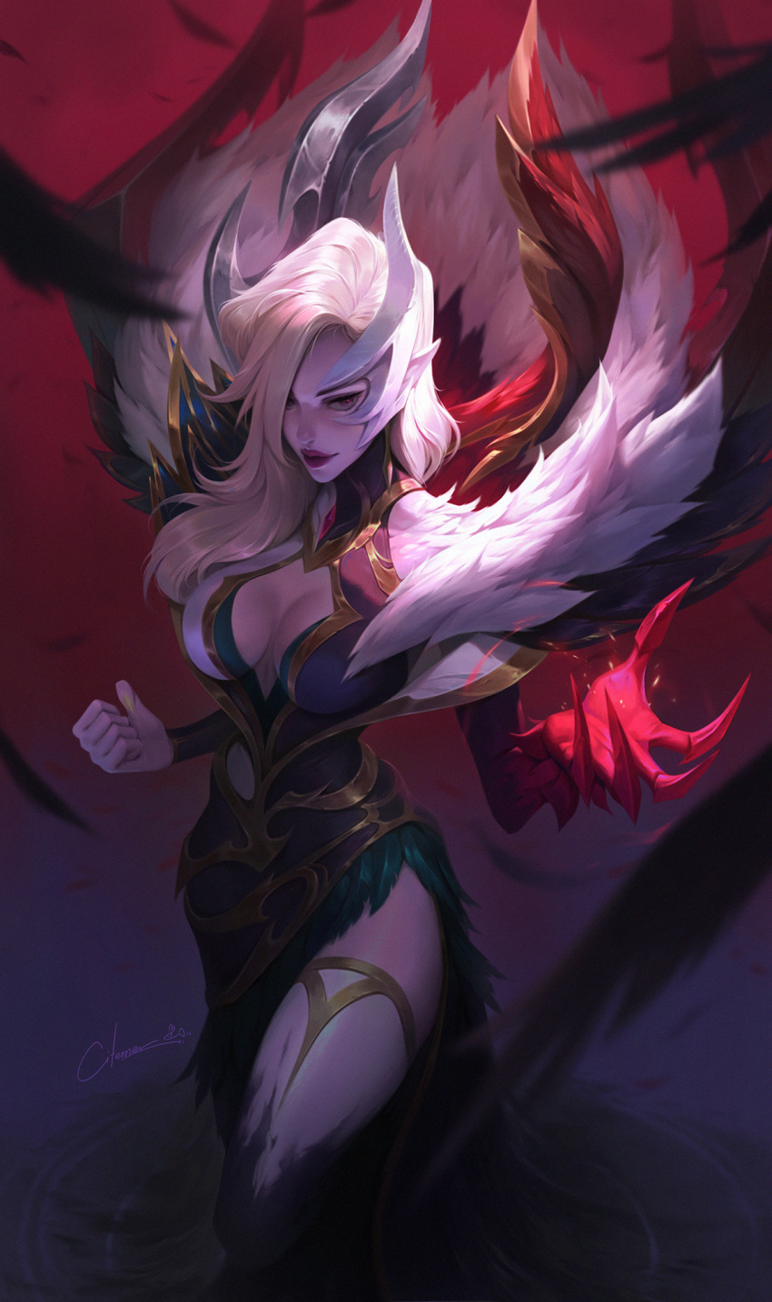 1girl alternate_costume asymmetrical_clothes blonde_hair breasts center_opening citemer claws cleavage cleavage_cutout clenched_hand clothing_cutout coven_morgana cowboy_shot feathered_wings feathers fur_trim hair_over_one_eye highres large_breasts league_of_legends long_hair looking_at_viewer makeup morgana_(league_of_legends) official_alternate_costume official_alternate_hairstyle pale_skin pointy_ears red_background red_eyes side_slit signature simple_background solo standing thighhighs wings yellow_eyes