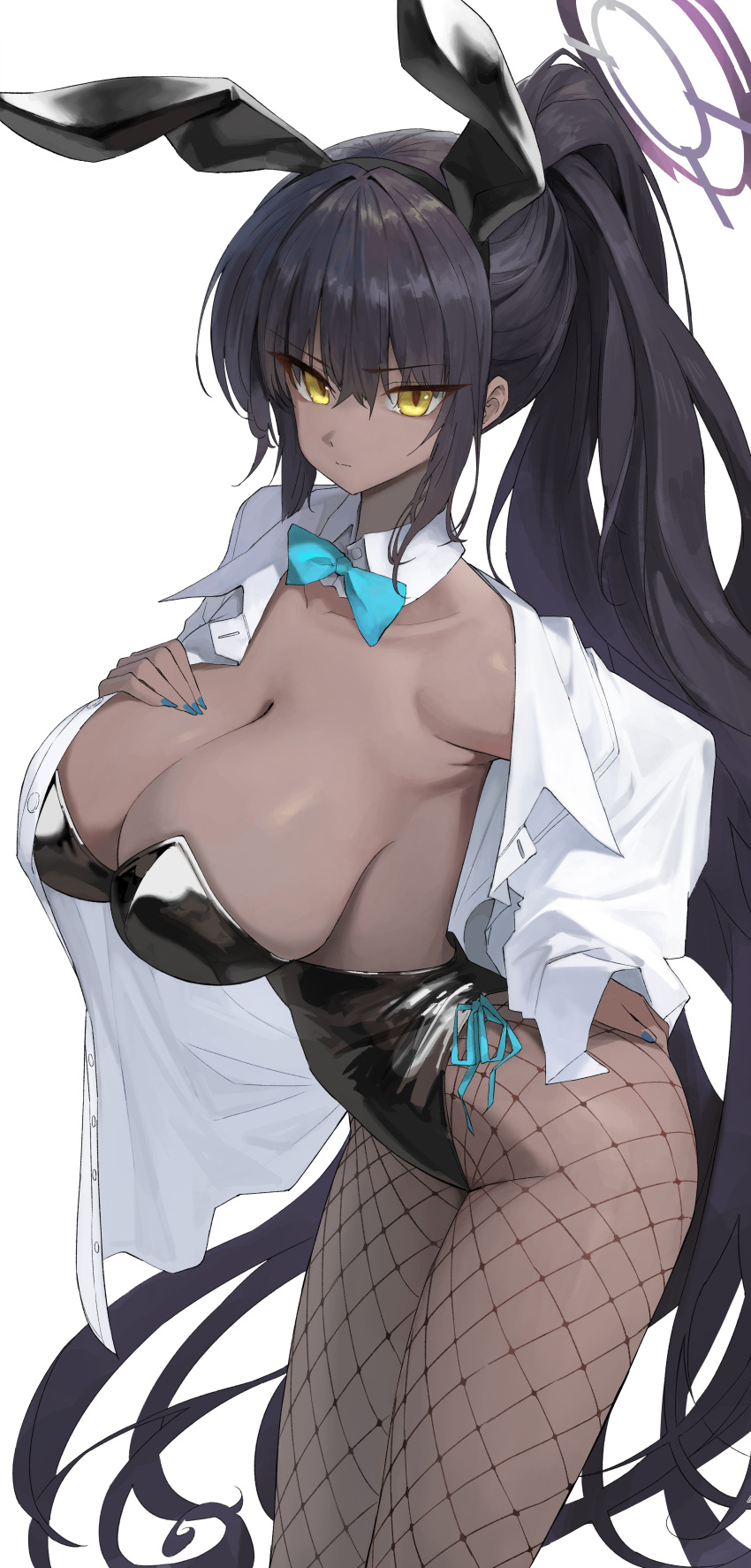1-5iro 1girl absurdres animal_ears black_hair black_leotard blue_archive breasts cleavage closed_mouth collared_shirt cowboy_shot dark-skinned_female dark_skin detached_collar fake_animal_ears fishnet_pantyhose fishnets highres karin_(blue_archive) karin_(bunny)_(blue_archive) large_breasts leotard long_hair looking_at_viewer official_alternate_costume pantyhose playboy_bunny ponytail rabbit_ears shirt simple_background solo strapless strapless_leotard white_background white_shirt yellow_eyes
