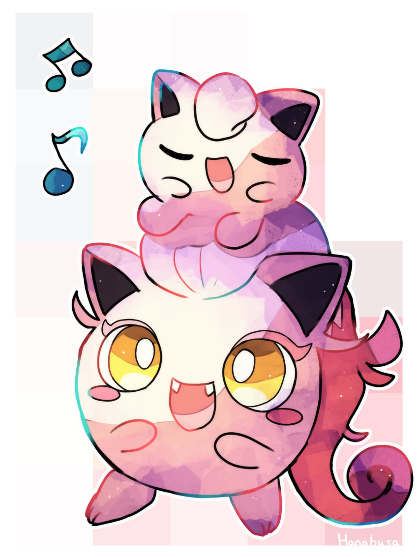 animal_focus beamed_eighth_notes closed_eyes colored_skin commentary_request eighth_note fangs hanabusaoekaki highres jigglypuff music musical_note no_humans open_mouth pink_skin pokemon pokemon_(creature) scream_tail singing white_background yellow_eyes