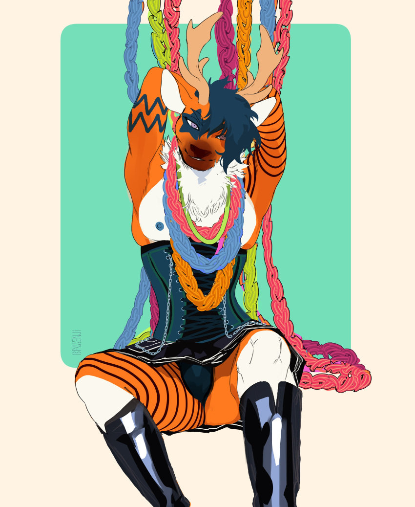 2023 absurd_res anthro antlers arm_markings artist_name bassenji black_clothing black_nose black_stripes black_underwear blue_background blue_hair blue_markings blue_nipples boots bulge chain clothed clothing countershading crossdressing deer digital_media_(artwork) eye_markings footwear front_view fur hair hands_behind_head hi_res horn latex_boots looking_at_viewer male mammal markings nipples orange_body orange_ears orange_fur portrait purple_eyes rubber rubber_boots simple_background sitting smile solo striped_body striped_fur stripes tan_antlers three-quarter_portrait underwear white_background white_body white_countershading white_fur white_inner_ear