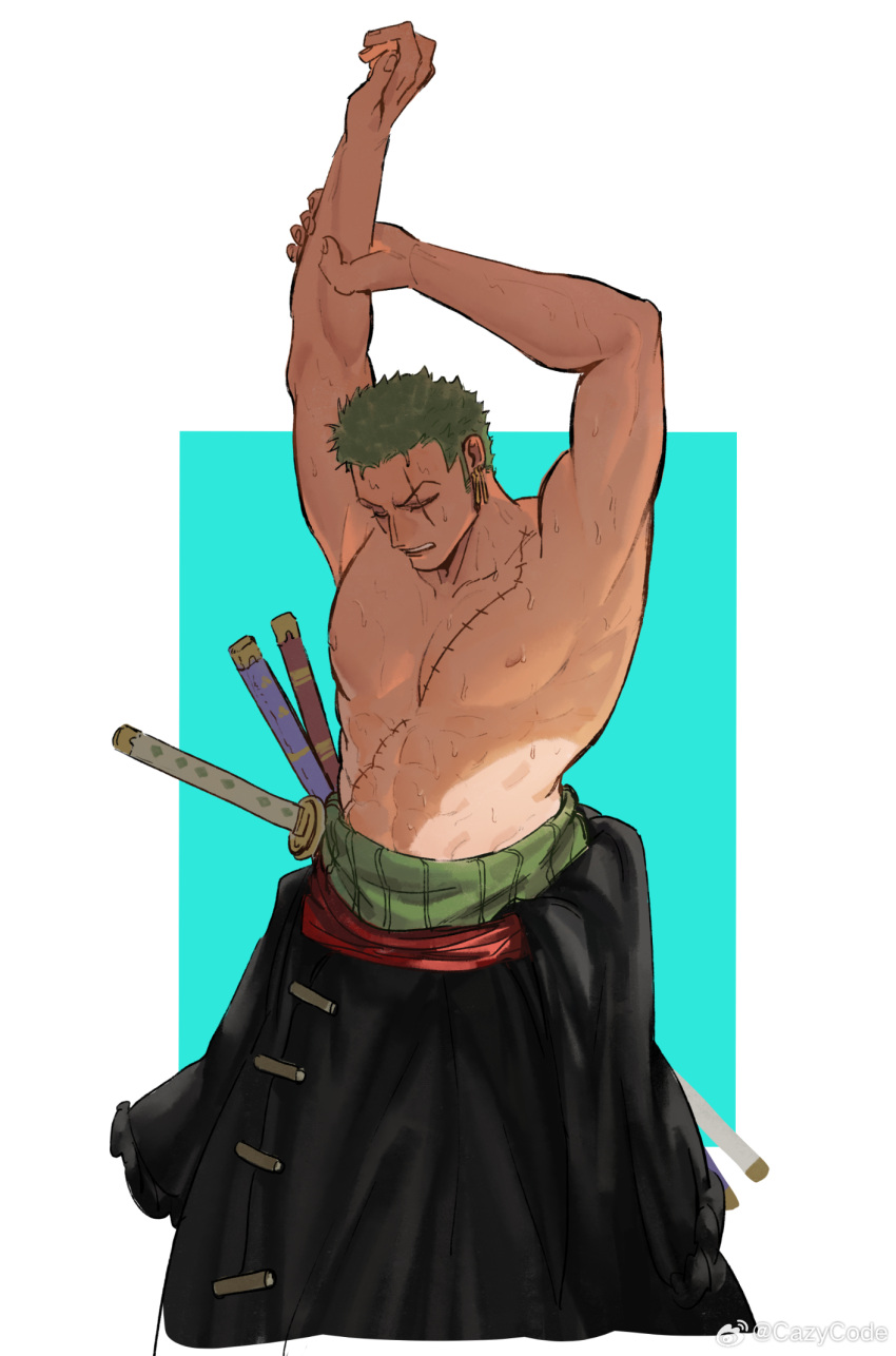 1boy abs arms_up bara clothes_down feet_out_of_frame green_hair highres large_pectorals long_sideburns male_focus mcbuckwheat muscular muscular_male nipples one_piece pectorals roronoa_zoro scar sheath sheathed short_hair sideburns sideburns_stubble solo standing stretching sweat topless_male very_sweaty