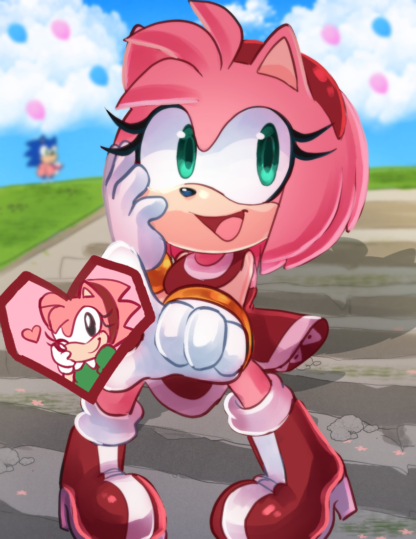 1boy 1girl absurdres amy_rose amy_rose_(classic) balloon blue_sky blurry boots cloud depth_of_field dress furry furry_female furry_male gloves hairband hand_on_own_chest heart hedgehog_ears high_heel_boots high_heels highres mimiipyon open_mouth red_dress red_hairband sky smile sonic_(series) sonic_the_hedgehog sonic_the_hedgehog_(classic) white_gloves