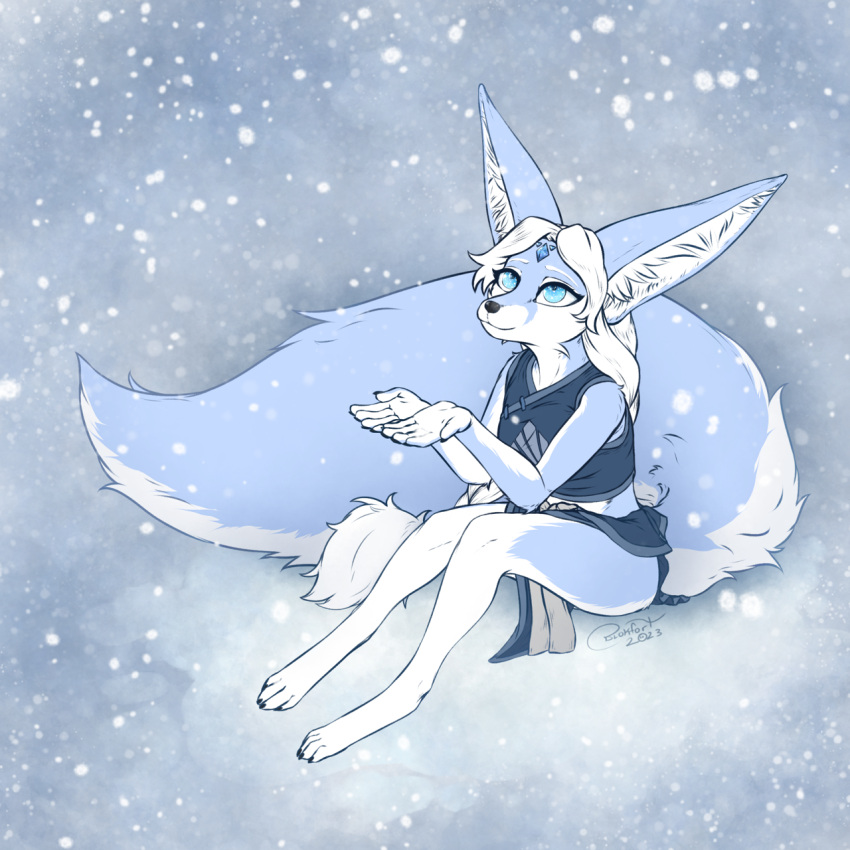 2023 anthro blokfort blue_body blue_eyes canid canine clothed clothing female fennec fox fur hair hi_res kalta_(blokfort) mammal simple_background sitting snow snowing white_body white_hair